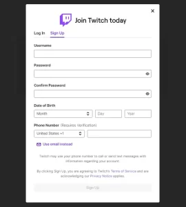 In this Image, The Twitch sign-up page is where users can create an account and fill out their personal information, such as their username, password, date of birth, and phone number. This information is used to verify the user's identity and to create a profile for them on Twitch.